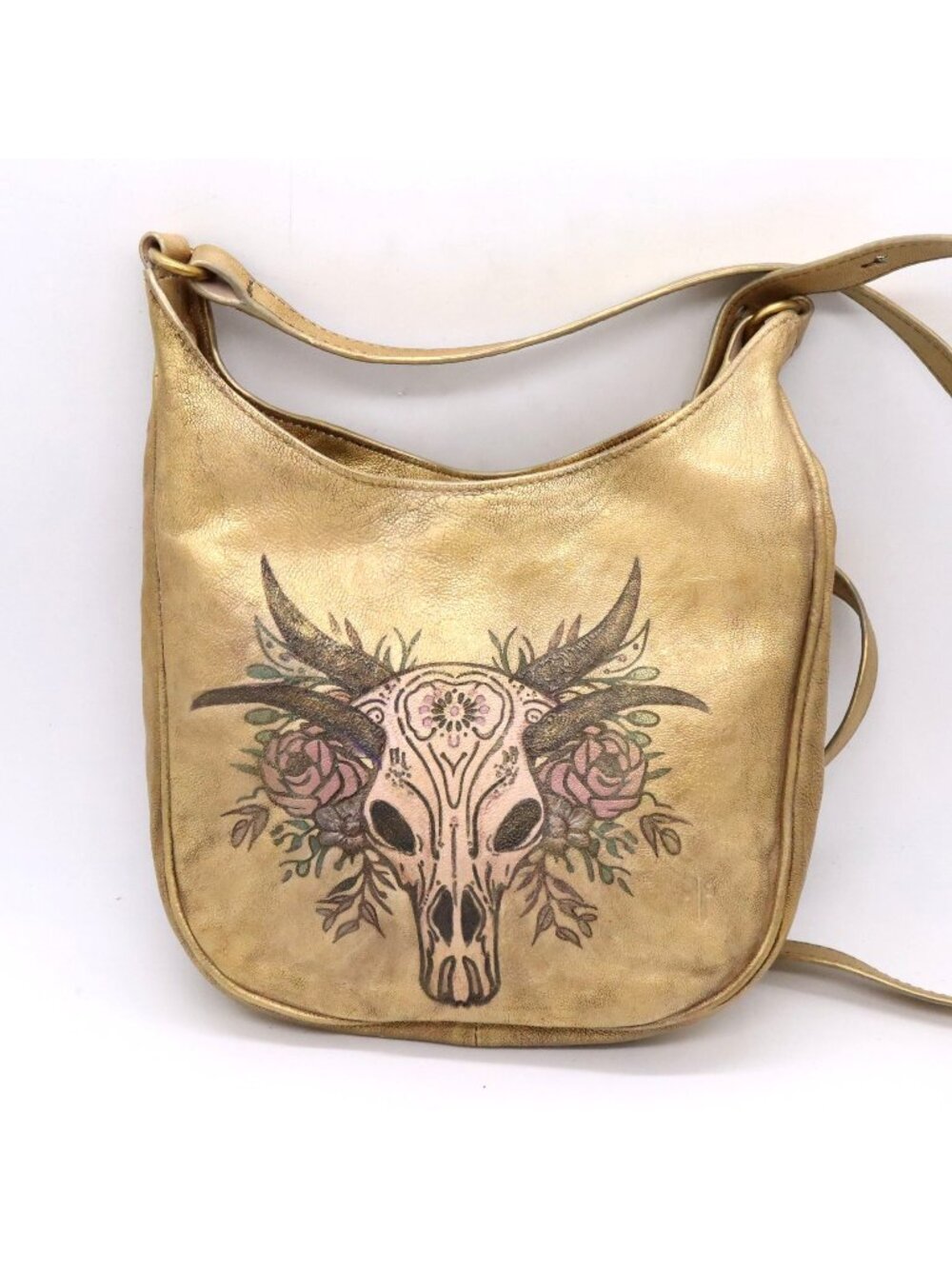 Custom Frye Crossbody Gold Pebble Leather Saddlebag Painted Floral Cow Skull
